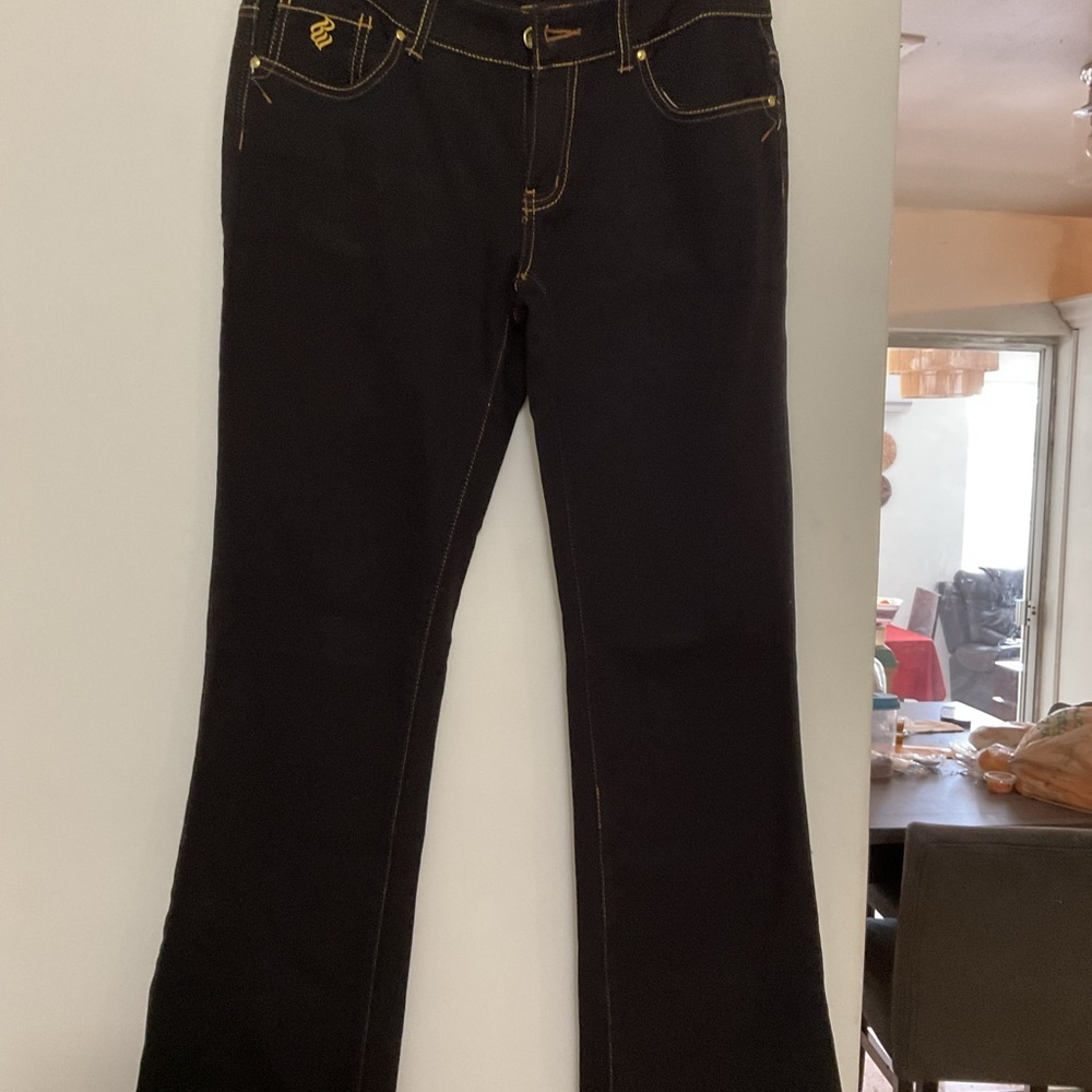 Rocawear Black Flare Jeans with Contrast Gold Stitching